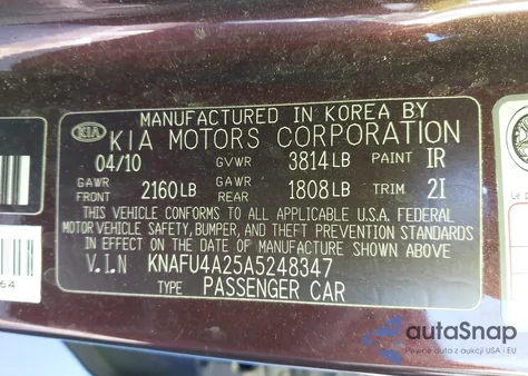 2010 Kia Forte Ex z USA, uszkodzony, nr VIN KNAFU4A25A5248347